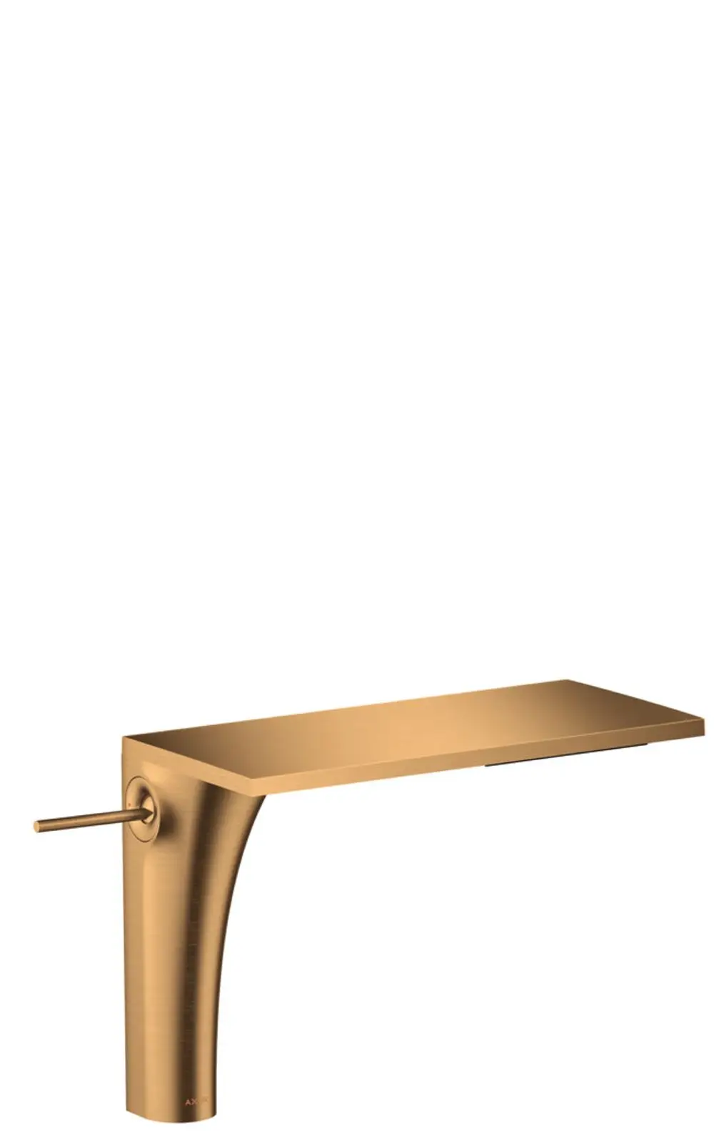 AXOR Einhebel-Waschtischmischer mit flachem Auslauf in Brushed Gold Optic für Aufsatzwaschtische, mit seitlichem Bedienhebel und integrierter Ablaufgarnitur.